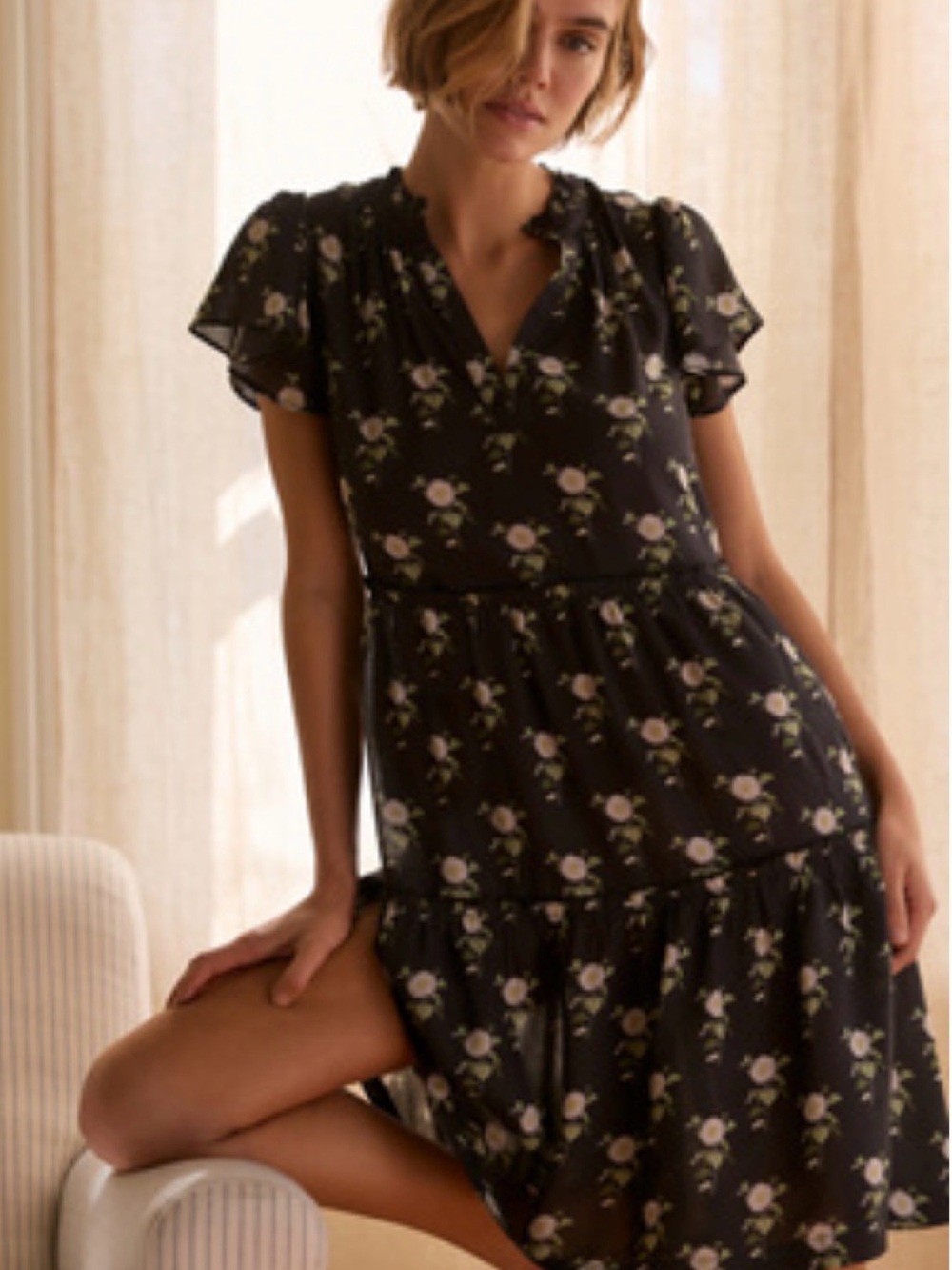 Anthropologie Black Floral Ruffle Sleeve Dress